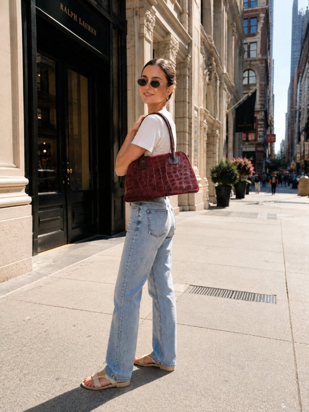 Burgundy Italian Leather & Croc-Embossed Suede Shoulder Bag – Large Dome Handbag - Picture 4 of 15